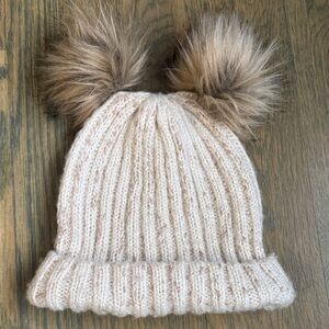 Capelli of New York Cream Knit Beanie with Brown Pom-Poms